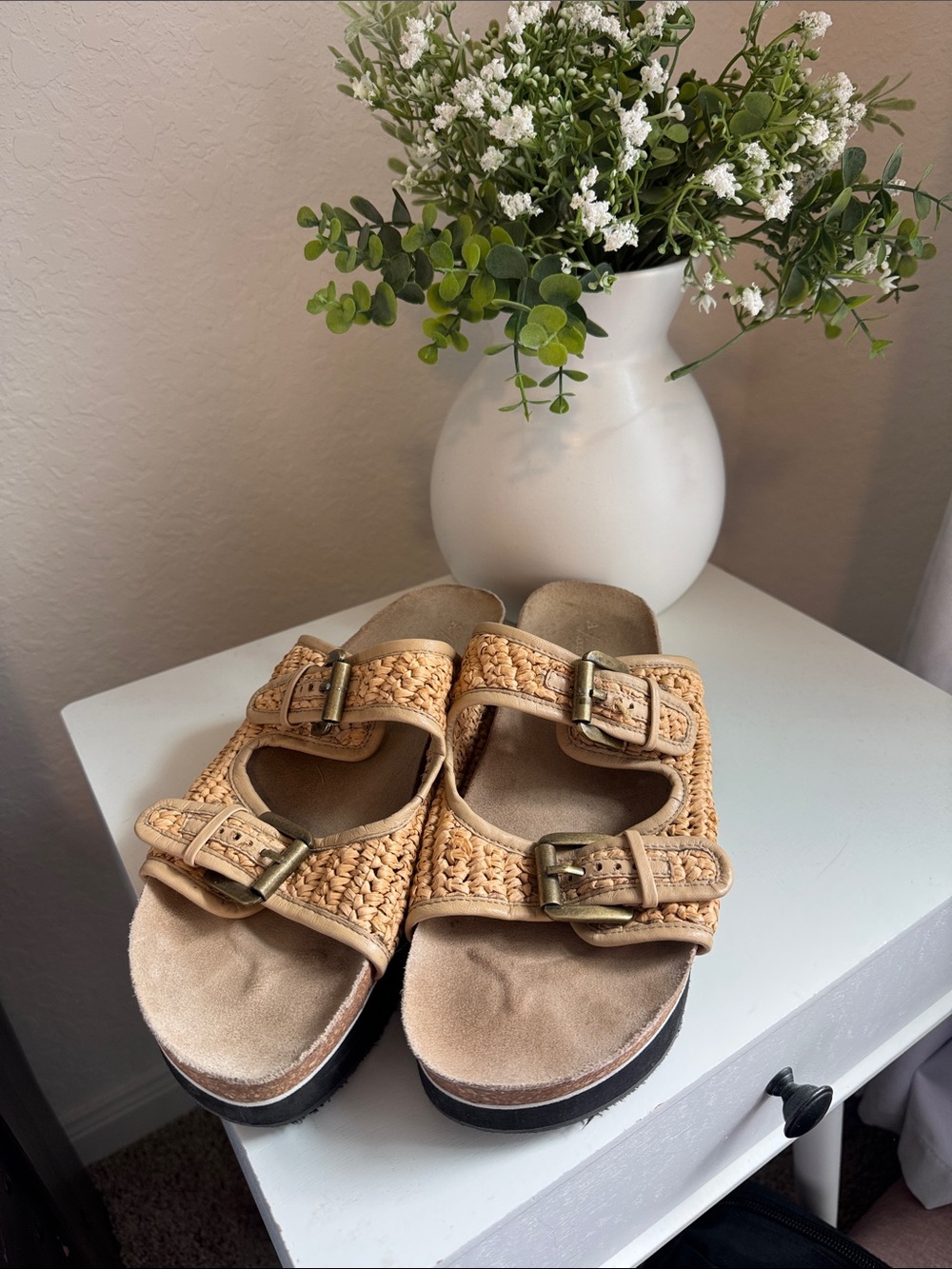 Anthropologie Woven Tan Slide Sandals with Buckles